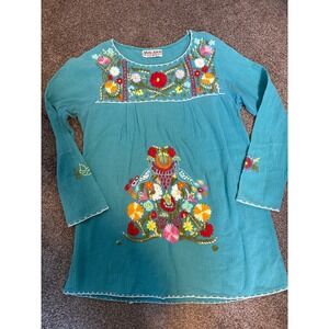 Malaika Floral Embroidered Tunic Womens Turquoise Excellent Boho Gauze Top
